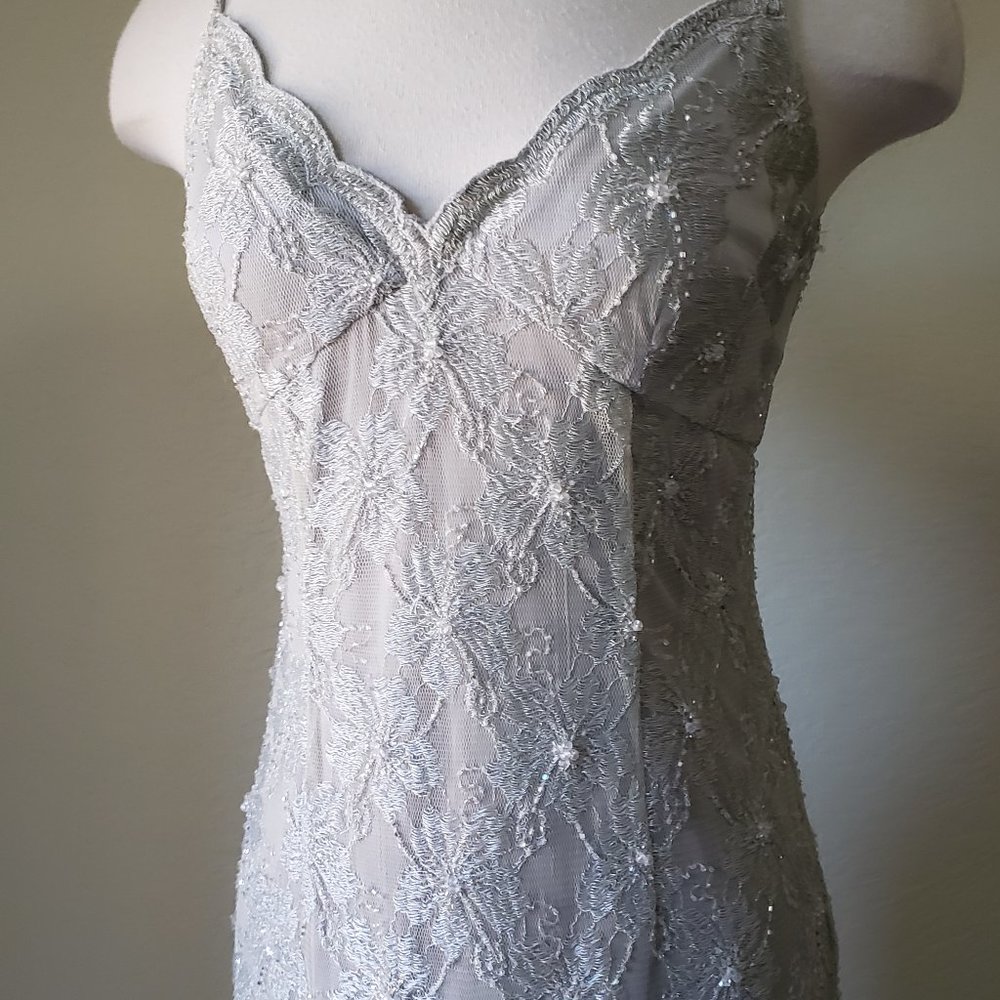 Gorgeous Silver W/ Lace & Sequins Evening Gown
